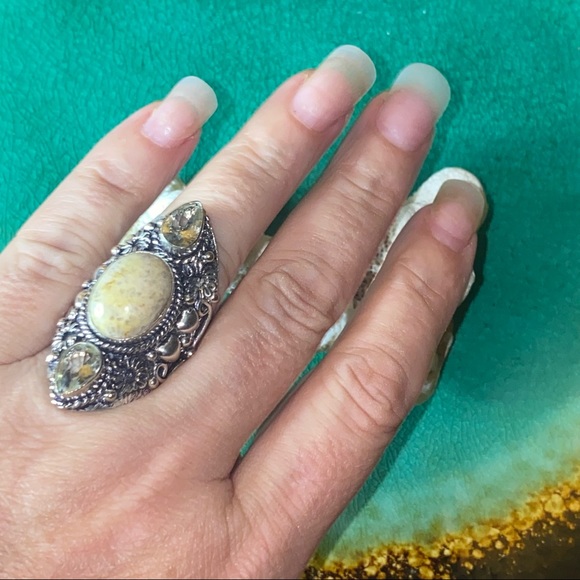 Indonesian Sea Fossil Coral + Tourmaline vintage handcrafted ring - Picture 3 of 9